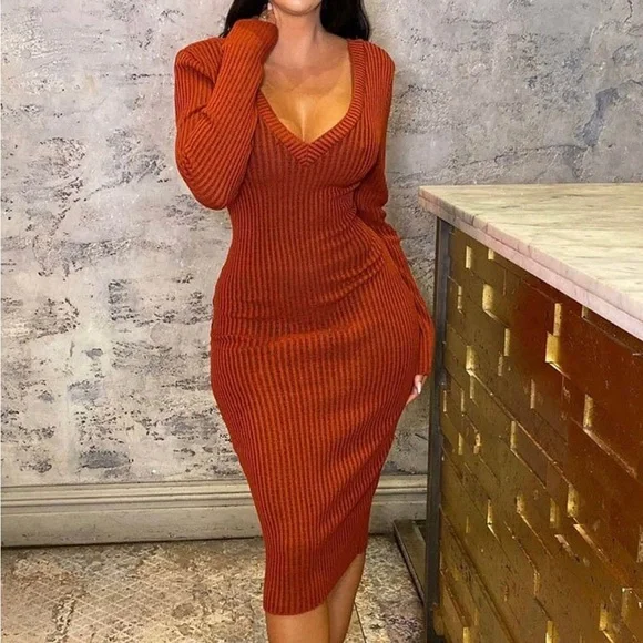 V Neck Long Sleeve Knitted Midi Dress Orange - Picture 3 of 5